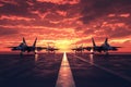 Fighter jets aligned at runway during sunset Royalty Free Stock Photo