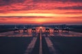 Fighter jets aligned at runway during sunset Royalty Free Stock Photo