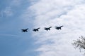 fighter jets in the blue sky and clouds. rehearsal of victory parade. Airshow. Royalty Free Stock Photo