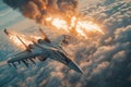 Fighter jets clash in a dramatic aerial battle above the clouds at sunset Royalty Free Stock Photo