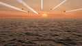 Fighter Jets Fly Over And Lifting Off Over The Ocean At Sunset