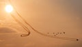 Fighter jets flying in formation at sunset