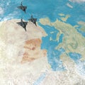 Fighter jets flying over Libya, 3d map of North Africa and Europe Royalty Free Stock Photo