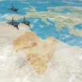 Fighter jets flying over Libya, 3d map of North Africa and Europe Royalty Free Stock Photo