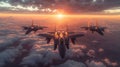 Fighter jets flying at sunset above clouds Royalty Free Stock Photo