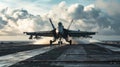 Fighter jets and naval planes taking off from the flight deck of an aircraft carrier. Royalty Free Stock Photo