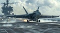 Fighter jets and naval planes taking off from the flight deck of an aircraft carrier. Royalty Free Stock Photo