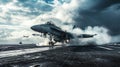 Fighter jets and naval planes taking off from the flight deck of an aircraft carrier. Royalty Free Stock Photo