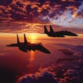 Fighter jets soar through a vibrant sunset over the ocean