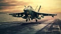 Fighter jets are taking off, Advanced aircraft jet taking off from a navy aircraft carrier