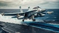 Fighter jets are taking off, Advanced aircraft jet taking off from a navy aircraft carrier