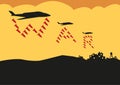 Fighter Planes Drop Bombs in War Text formation. Editable Clip Art.