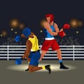 Fighters battle in ring in sportswear and with sports equipment having boxing match with knockdown vector illustration.