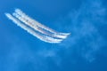 Fighters jet high in the sky leaving a thick trail of smoke. Royalty Free Stock Photo