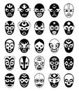 Fighters masks. Mexican lucha libre silhouettes of vector masked luchador isolated