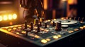 In the fighting cage. Sound mixer closeup with glowing lights at club party, Generative AI