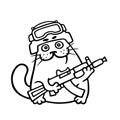 Fighting cat in helmet and with gun. Vector illustration. Royalty Free Stock Photo