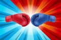 Fighting for comic background. Boxing gloves Red and Blue hitting together on comic background.