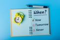 Fighting procrastination concept - check-box with call to act Now, not tomorrow or never, Do it now Royalty Free Stock Photo