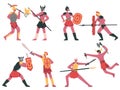 Fighting roman gladiators. Warlike armed greek warriors, roman battle gladiators cartoon vector illustration set