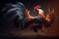 fighting rooster with ruddy plumage on background of cockfights