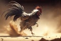 fighting rooster with sharp beak on dusty arena