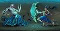 Fighting scene between elf and sea monster