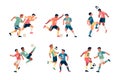 Fighting soccer players. Athletes dynamic poses, active struggle for ball, attempt kicking, football game moments, sport