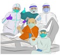 Vector illustration of a senior coronavirus patient with a mask, four medical staff with PPE in hospital, feeling strong, happy fo