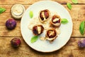 Figs baked in bacon with cheese,top view Royalty Free Stock Photo
