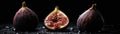 Figs With Droplets Standing On Black Background Wide Panoramic. Generative AI Royalty Free Stock Photo
