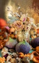 Figs and dry rose flowers in a small vase. Autumn composition and beautiful glowing bokeh on a blurred background of