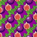 Figs fruit pattern, figs half and figs leaves seamless pattern. Striped background, Vector illustration
