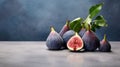 Minimalist Fig Arrangement: Sliced Figs And Leaves On Gray Backdrop