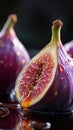 Figs with honey drips and reflections, macro cinematic tone Royalty Free Stock Photo