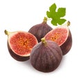 Figs isolated. Two whole ripe figs fruit and cut half slices isolated on white background with green leaves Royalty Free Stock Photo