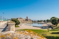 Figueira da Foz PORTUGAL - 13 August 2021 - Blurred wall overlooking the lighthouse and fort of Santa Catarina and lake in front