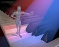 Figur, character, show host presenting on a piano keyboard, clavier, lit in red and blue spotlights