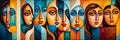 Figurative Art in a Cubist Painting: A Group of People with Symmetrical Facial Features and Different Colored Faces Royalty Free Stock Photo