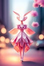 Figure Character from origami. Origami paper art image. Paper woman in pink dress on bokeh background. illustration, generative ai
