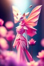 Figure Character from origami. Origami paper art image. Paper woman in pink dress on bokeh background. illustration, generative ai
