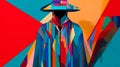 Figure in colorful costumes stands on a bright blue background. Textured and layered abstract forms, geometric surrealism