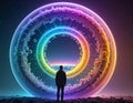 Figure before a colorful glowing toroidal structure in space Royalty Free Stock Photo