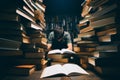 A figure concealed by a stack of books, immersed in reading