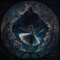 Figure of a delicate ballerina dancing among the starry sky. Dark background. Generative AI