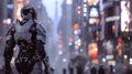 A figure dressed in futuristic armor stands tall and regal as they enter the bustling metropolis. .