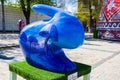 Figure of Easter bunny in psychedelic blue color with painted blue mushrooms on it. Beautiful Easter art decoration .Kyiv Kiev,