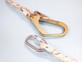 Figure eight knot with carabiner. Silver carabiner with lock Royalty Free Stock Photo