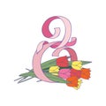 Figure eight made of pink ribbon and beautiful tulip flowers. International Women s day. 8 March. Vector design Royalty Free Stock Photo