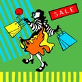 Figure of happy brunette girl with shopping bags on a graphic background. Sale card. Royalty Free Stock Photo